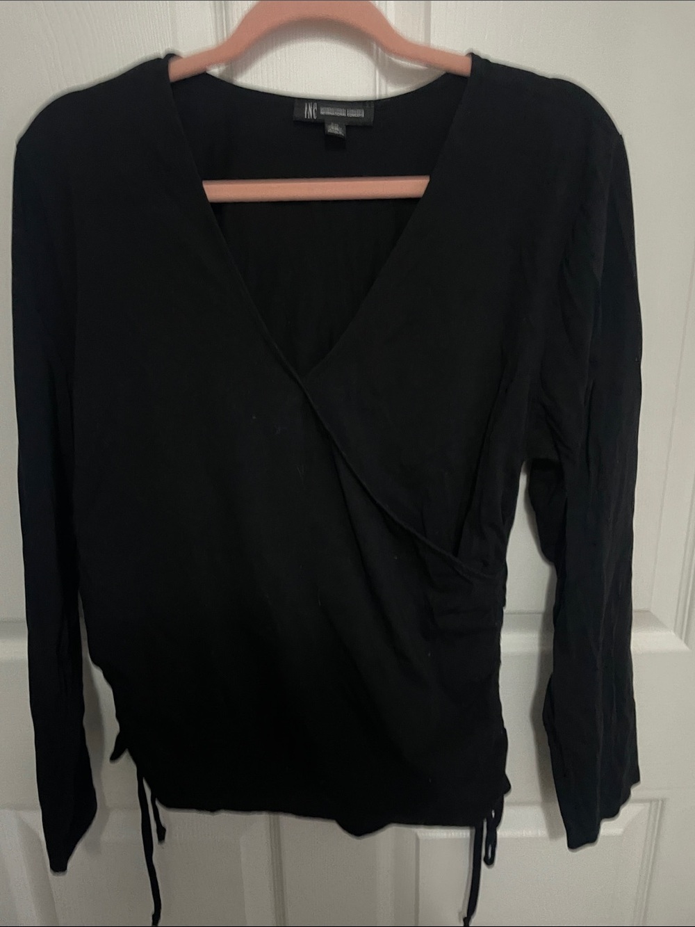 INC International Concepts Black Wrap-Front Long Sleeve Top